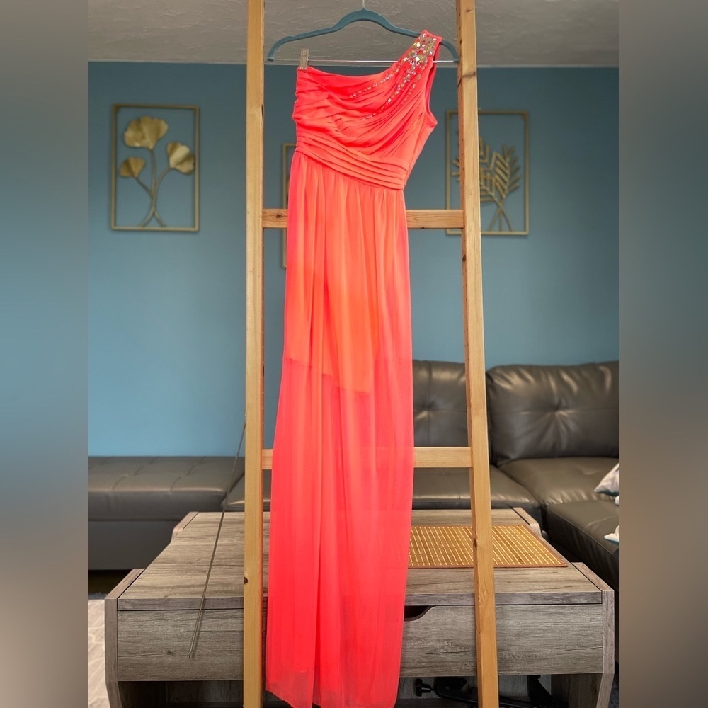 One Shoulder Orange Chiffon Party/ Cocktail Long Dress